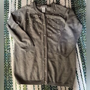 Carmen Marc Valvo Pearl Embellished Gray Cardigan Sweater S